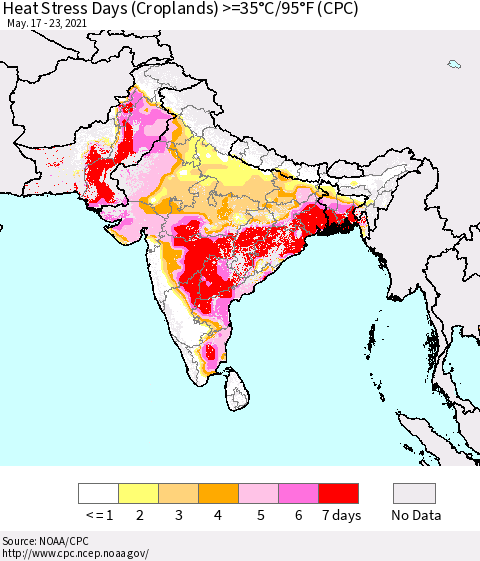 Southern Asia Heat Stress Days (Croplands) >=35°C/95°F (CPC) Thematic Map For 5/17/2021 - 5/23/2021