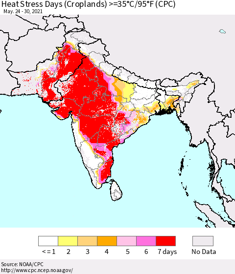 Southern Asia Heat Stress Days (Croplands) >=35°C/95°F (CPC) Thematic Map For 5/24/2021 - 5/30/2021
