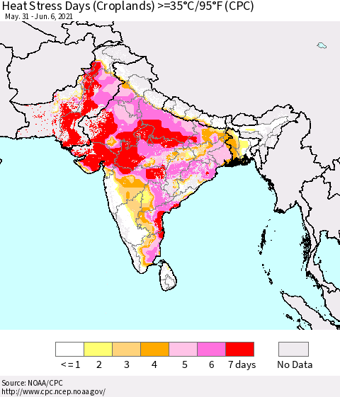 Southern Asia Heat Stress Days (Croplands) >=35°C/95°F (CPC) Thematic Map For 5/31/2021 - 6/6/2021