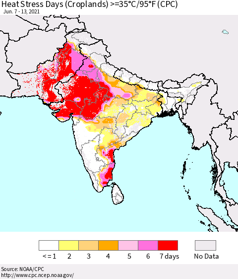 Southern Asia Heat Stress Days (Croplands) >=35°C/95°F (CPC) Thematic Map For 6/7/2021 - 6/13/2021
