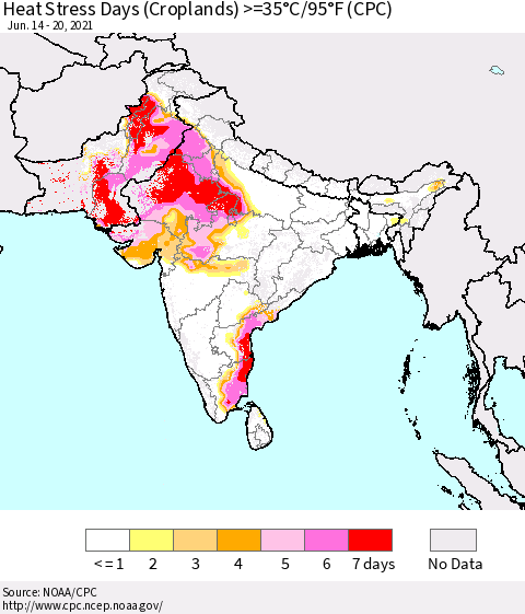 Southern Asia Heat Stress Days (Croplands) >=35°C/95°F (CPC) Thematic Map For 6/14/2021 - 6/20/2021