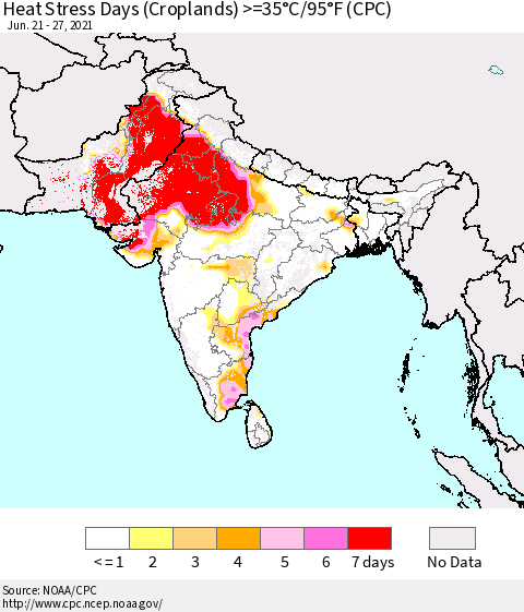Southern Asia Heat Stress Days (Croplands) >=35°C/95°F (CPC) Thematic Map For 6/21/2021 - 6/27/2021