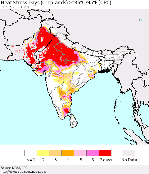 Southern Asia Heat Stress Days (Croplands) >=35°C/95°F (CPC) Thematic Map For 6/28/2021 - 7/4/2021