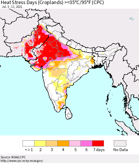 Southern Asia Heat Stress Days (Croplands) >=35°C/95°F (CPC) Thematic Map For 7/5/2021 - 7/11/2021