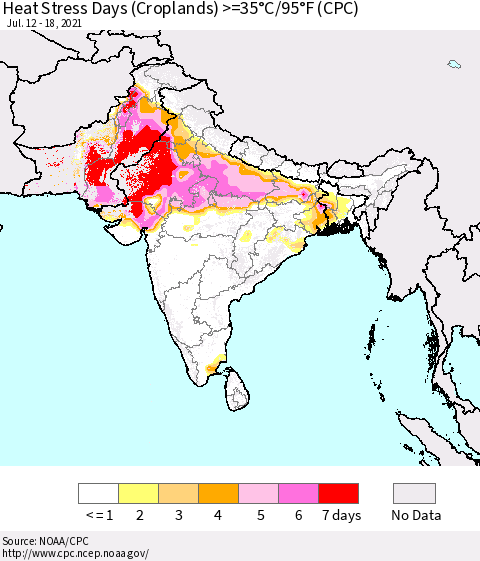 Southern Asia Heat Stress Days (Croplands) >=35°C/95°F (CPC) Thematic Map For 7/12/2021 - 7/18/2021