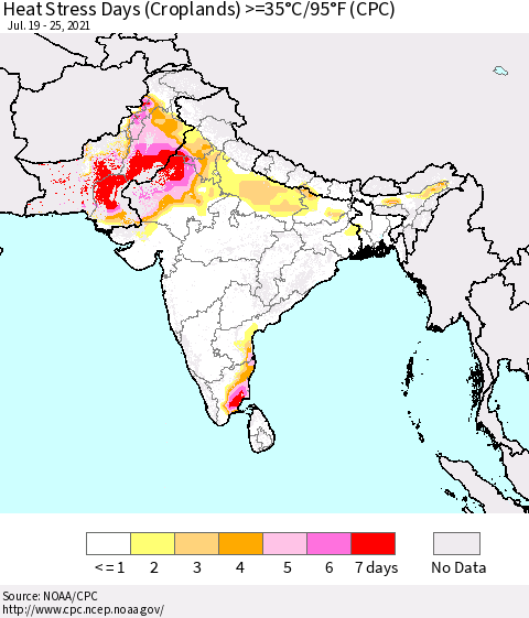 Southern Asia Heat Stress Days (Croplands) >=35°C/95°F (CPC) Thematic Map For 7/19/2021 - 7/25/2021