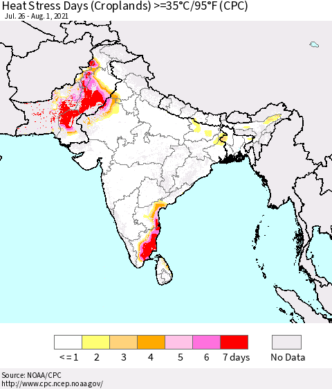Southern Asia Heat Stress Days (Croplands) >=35°C/95°F (CPC) Thematic Map For 7/26/2021 - 8/1/2021