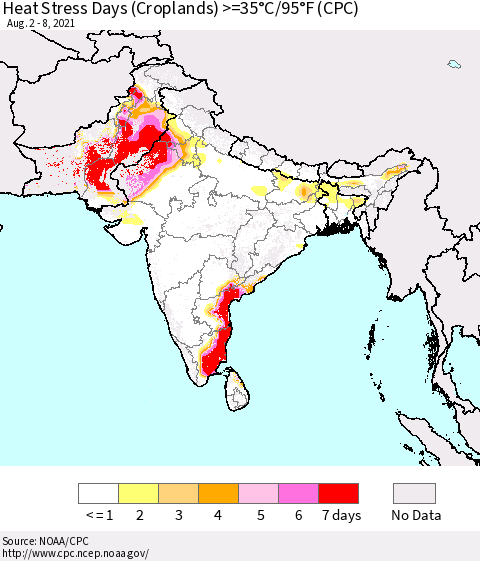 Southern Asia Heat Stress Days (Croplands) >=35°C/95°F (CPC) Thematic Map For 8/2/2021 - 8/8/2021