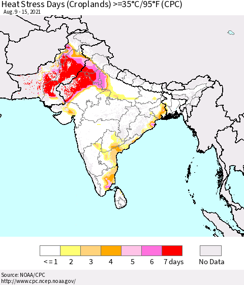 Southern Asia Heat Stress Days (Croplands) >=35°C/95°F (CPC) Thematic Map For 8/9/2021 - 8/15/2021