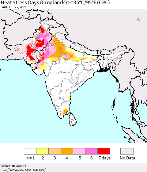Southern Asia Heat Stress Days (Croplands) >=35°C/95°F (CPC) Thematic Map For 8/16/2021 - 8/22/2021