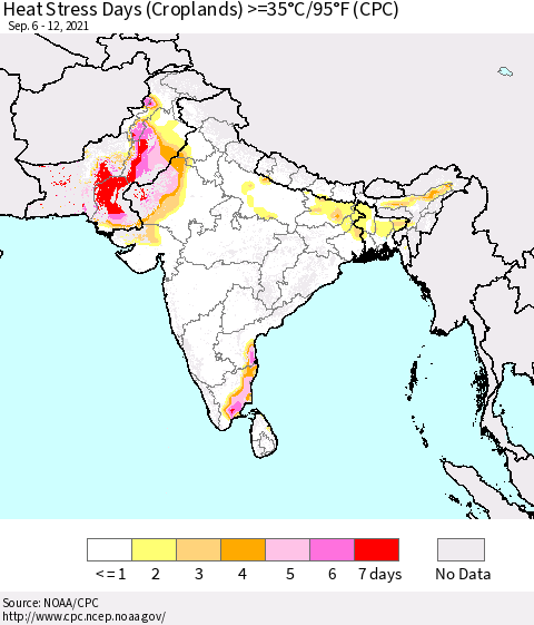 Southern Asia Heat Stress Days (Croplands) >=35°C/95°F (CPC) Thematic Map For 9/6/2021 - 9/12/2021