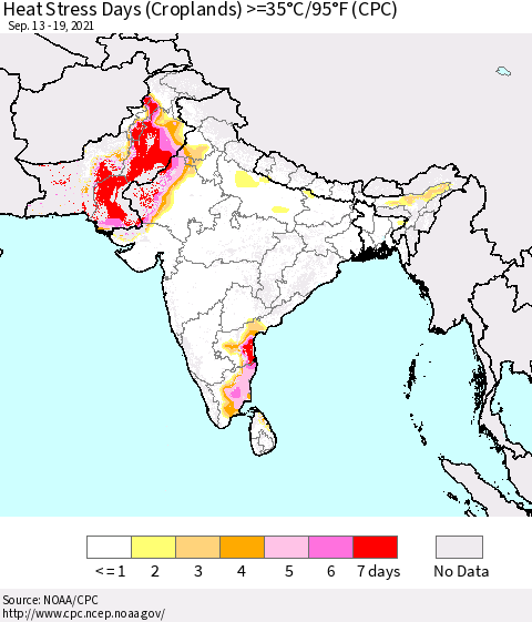 Southern Asia Heat Stress Days (Croplands) >=35°C/95°F (CPC) Thematic Map For 9/13/2021 - 9/19/2021
