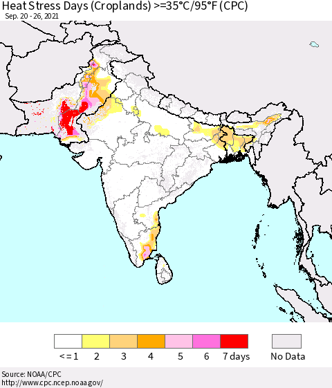 Southern Asia Heat Stress Days (Croplands) >=35°C/95°F (CPC) Thematic Map For 9/20/2021 - 9/26/2021