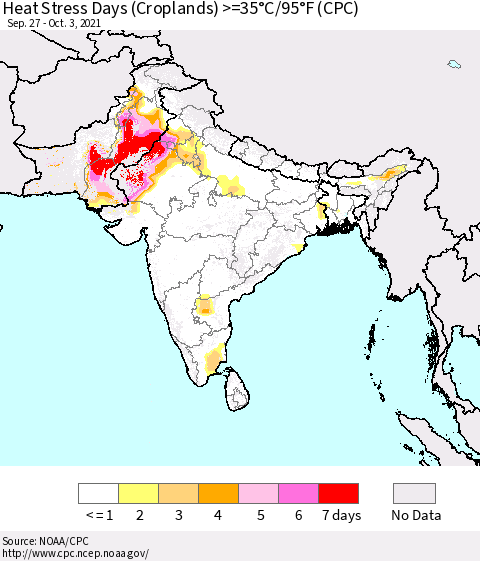 Southern Asia Heat Stress Days (Croplands) >=35°C/95°F (CPC) Thematic Map For 9/27/2021 - 10/3/2021
