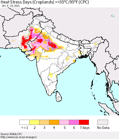 Southern Asia Heat Stress Days (Croplands) >=35°C/95°F (CPC) Thematic Map For 10/4/2021 - 10/10/2021