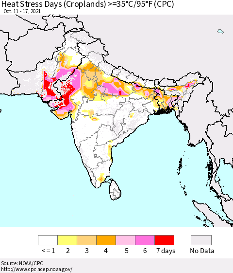 Southern Asia Heat Stress Days (Croplands) >=35°C/95°F (CPC) Thematic Map For 10/11/2021 - 10/17/2021