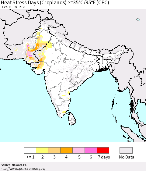 Southern Asia Heat Stress Days (Croplands) >=35°C/95°F (CPC) Thematic Map For 10/18/2021 - 10/24/2021