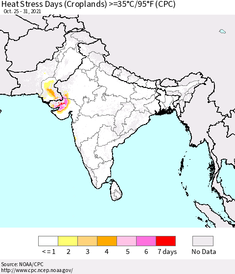 Southern Asia Heat Stress Days (Croplands) >=35°C/95°F (CPC) Thematic Map For 10/25/2021 - 10/31/2021