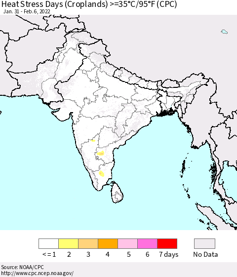 Southern Asia Heat Stress Days (Croplands) >=35°C/95°F (CPC) Thematic Map For 1/31/2022 - 2/6/2022