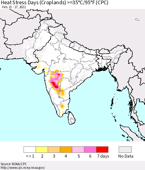 Southern Asia Heat Stress Days (Croplands) >=35°C/95°F (CPC) Thematic Map For 2/21/2022 - 2/27/2022