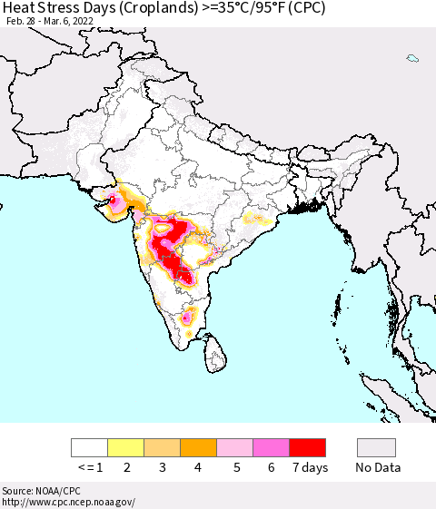 Southern Asia Heat Stress Days (Croplands) >=35°C/95°F (CPC) Thematic Map For 2/28/2022 - 3/6/2022