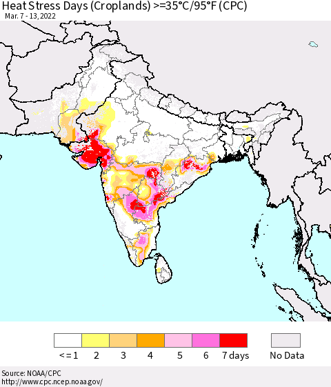 Southern Asia Heat Stress Days (Croplands) >=35°C/95°F (CPC) Thematic Map For 3/7/2022 - 3/13/2022