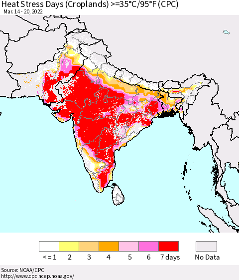 Southern Asia Heat Stress Days (Croplands) >=35°C/95°F (CPC) Thematic Map For 3/14/2022 - 3/20/2022