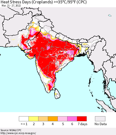 Southern Asia Heat Stress Days (Croplands) >=35°C/95°F (CPC) Thematic Map For 3/21/2022 - 3/27/2022