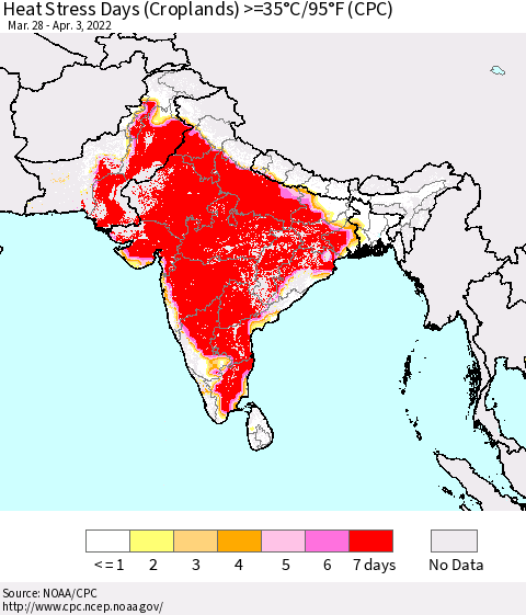 Southern Asia Heat Stress Days (Croplands) >=35°C/95°F (CPC) Thematic Map For 3/28/2022 - 4/3/2022