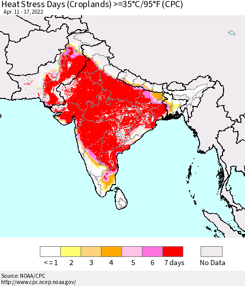 Southern Asia Heat Stress Days (Croplands) >=35°C/95°F (CPC) Thematic Map For 4/11/2022 - 4/17/2022
