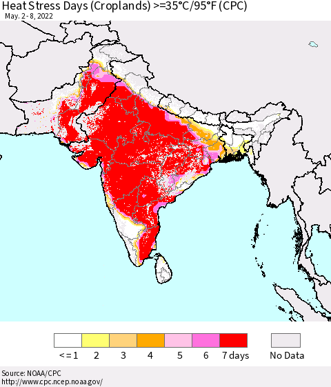 Southern Asia Heat Stress Days (Croplands) >=35°C/95°F (CPC) Thematic Map For 5/2/2022 - 5/8/2022