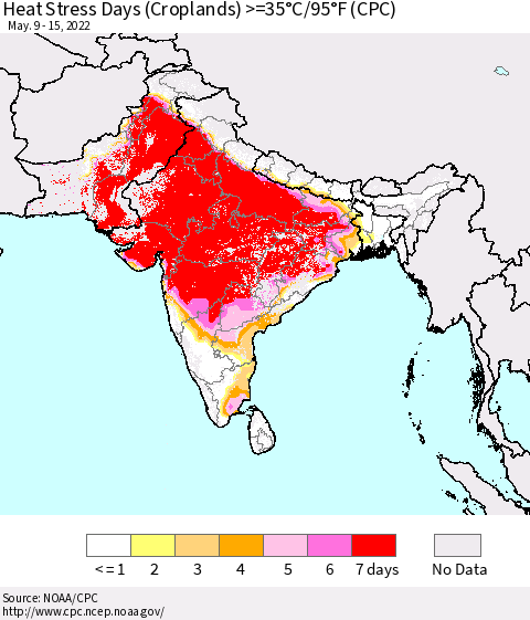 Southern Asia Heat Stress Days (Croplands) >=35°C/95°F (CPC) Thematic Map For 5/9/2022 - 5/15/2022