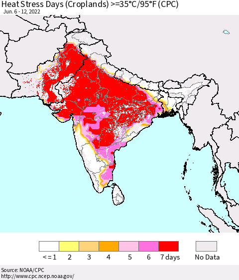 Southern Asia Heat Stress Days (Croplands) >=35°C/95°F (CPC) Thematic Map For 6/6/2022 - 6/12/2022
