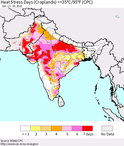 Southern Asia Heat Stress Days (Croplands) >=35°C/95°F (CPC) Thematic Map For 6/13/2022 - 6/19/2022