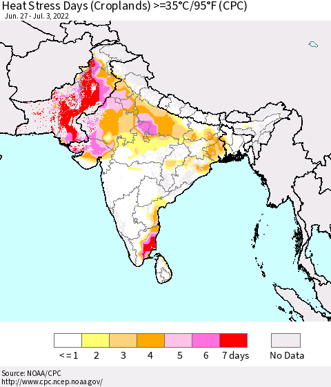 Southern Asia Heat Stress Days (Croplands) >=35°C/95°F (CPC) Thematic Map For 6/27/2022 - 7/3/2022