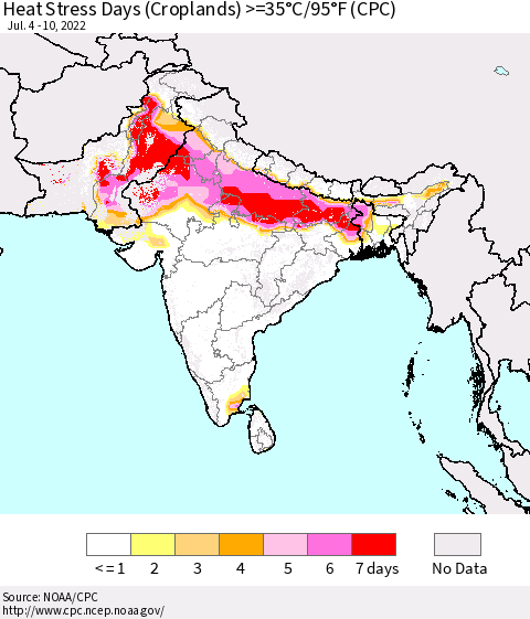 Southern Asia Heat Stress Days (Croplands) >=35°C/95°F (CPC) Thematic Map For 7/4/2022 - 7/10/2022