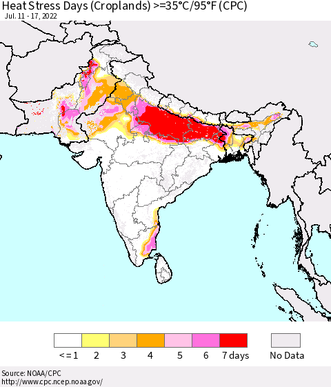 Southern Asia Heat Stress Days (Croplands) >=35°C/95°F (CPC) Thematic Map For 7/11/2022 - 7/17/2022