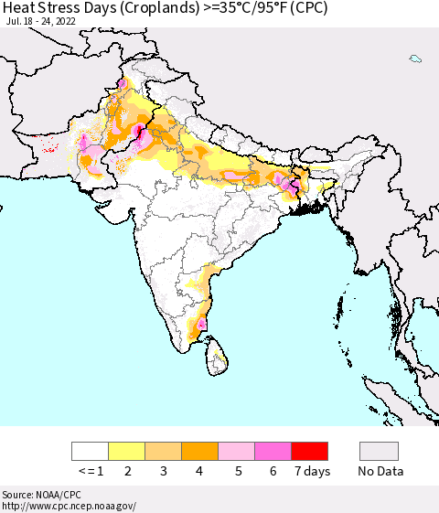 Southern Asia Heat Stress Days (Croplands) >=35°C/95°F (CPC) Thematic Map For 7/18/2022 - 7/24/2022