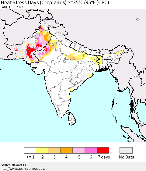 Southern Asia Heat Stress Days (Croplands) >=35°C/95°F (CPC) Thematic Map For 8/1/2022 - 8/7/2022