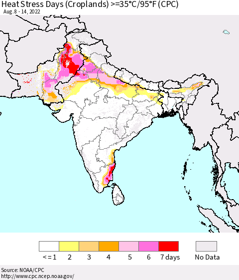 Southern Asia Heat Stress Days (Croplands) >=35°C/95°F (CPC) Thematic Map For 8/8/2022 - 8/14/2022