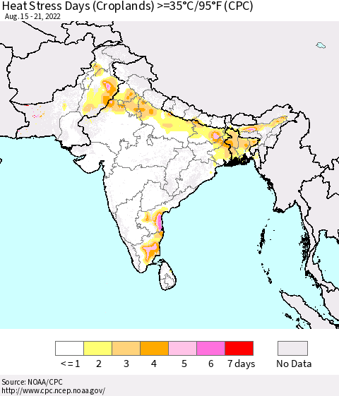 Southern Asia Heat Stress Days (Croplands) >=35°C/95°F (CPC) Thematic Map For 8/15/2022 - 8/21/2022