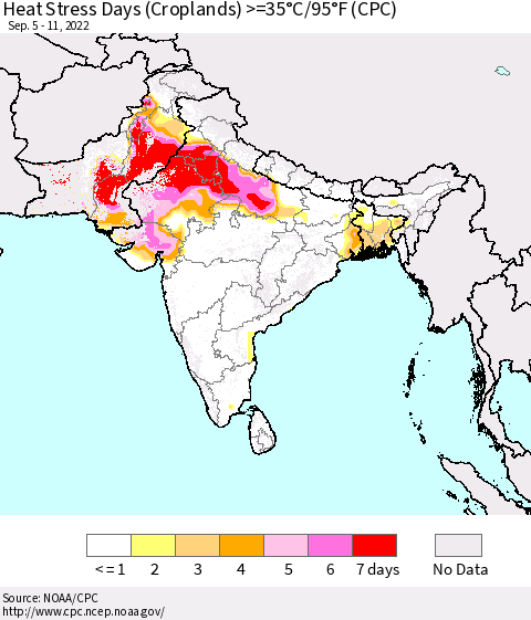 Southern Asia Heat Stress Days (Croplands) >=35°C/95°F (CPC) Thematic Map For 9/5/2022 - 9/11/2022