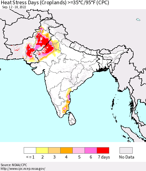 Southern Asia Heat Stress Days (Croplands) >=35°C/95°F (CPC) Thematic Map For 9/12/2022 - 9/18/2022