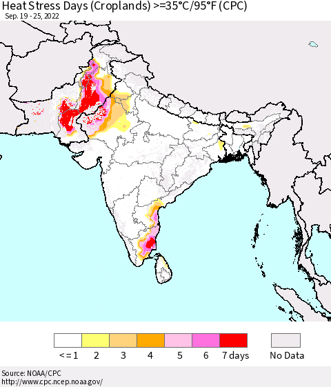 Southern Asia Heat Stress Days (Croplands) >=35°C/95°F (CPC) Thematic Map For 9/19/2022 - 9/25/2022