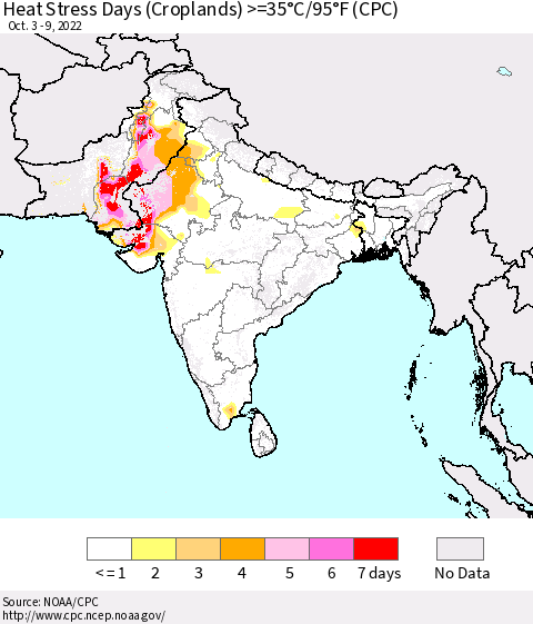 Southern Asia Heat Stress Days (Croplands) >=35°C/95°F (CPC) Thematic Map For 10/3/2022 - 10/9/2022