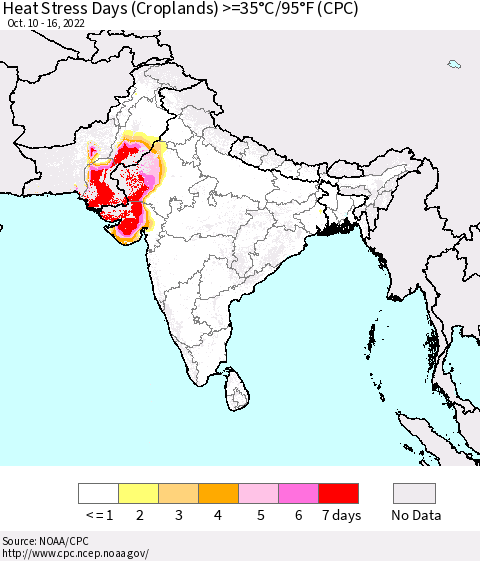 Southern Asia Heat Stress Days (Croplands) >=35°C/95°F (CPC) Thematic Map For 10/10/2022 - 10/16/2022