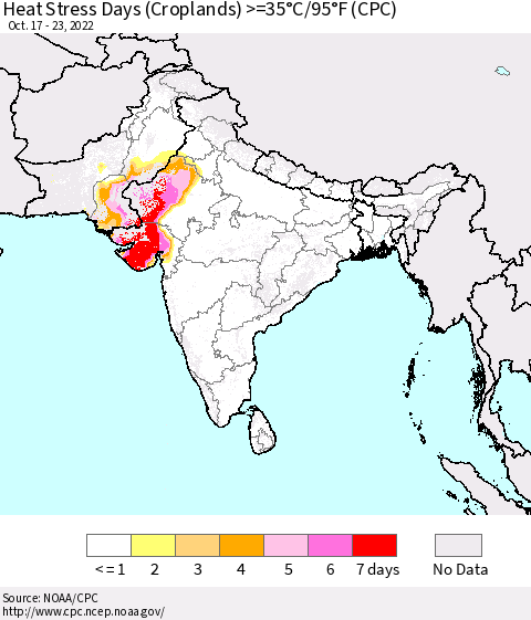 Southern Asia Heat Stress Days (Croplands) >=35°C/95°F (CPC) Thematic Map For 10/17/2022 - 10/23/2022