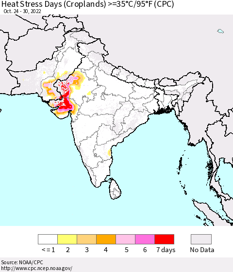 Southern Asia Heat Stress Days (Croplands) >=35°C/95°F (CPC) Thematic Map For 10/24/2022 - 10/30/2022