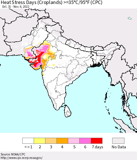 Southern Asia Heat Stress Days (Croplands) >=35°C/95°F (CPC) Thematic Map For 10/31/2022 - 11/6/2022