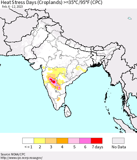 Southern Asia Heat Stress Days (Croplands) >=35°C/95°F (CPC) Thematic Map For 2/6/2023 - 2/12/2023